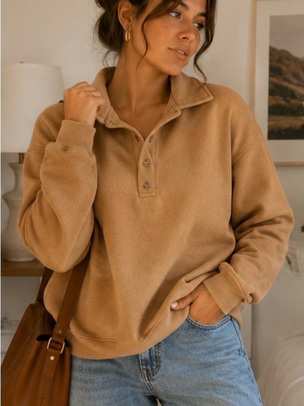 PINK Victoria's Secret Camel Button-Front Fleece Pullover Sweatshirt